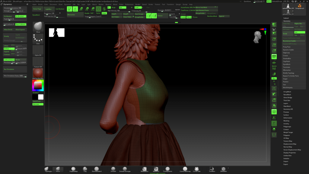 The dress is draped with cloth simulation, then sculpted over by hand.